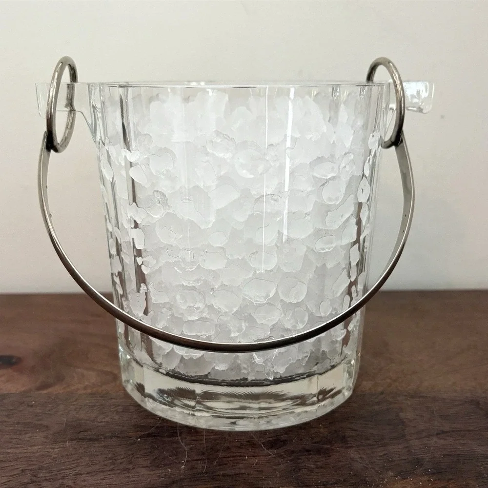 Vintage Clear Paneled Glass Ice‎ Bucket with Silver Tone Metal Swing Handle